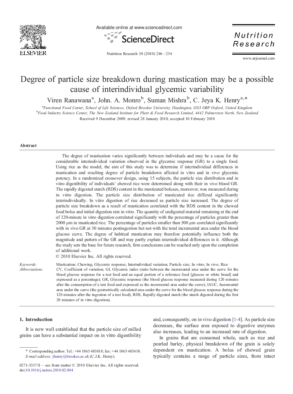 Degree of particle size breakdown during mastication may be a possible cause of interindividual glycemic variability