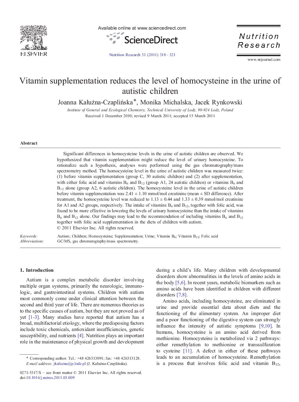 Vitamin supplementation reduces the level of homocysteine in the urine of autistic children