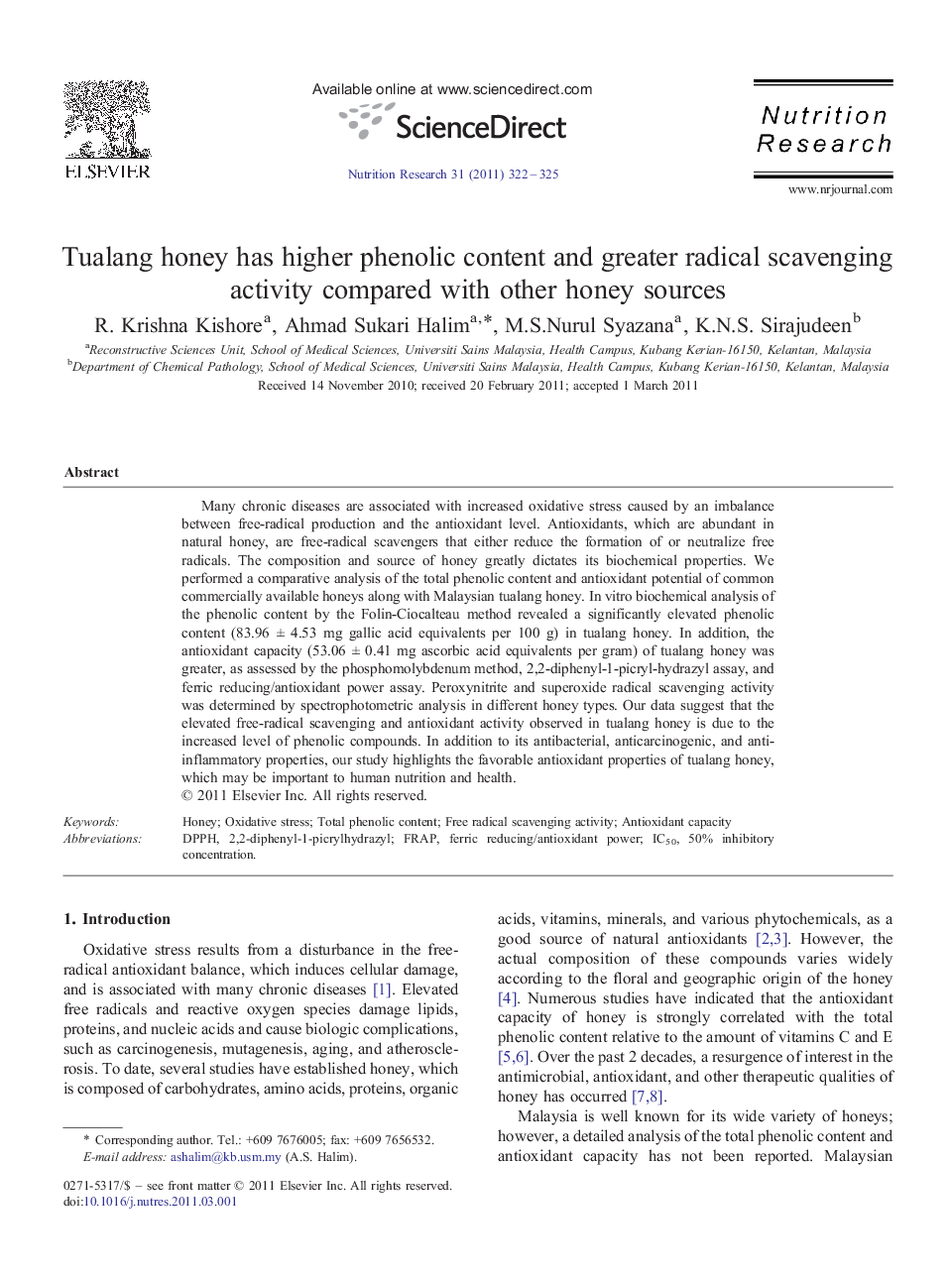 Tualang honey has higher phenolic content and greater radical scavenging activity compared with other honey sources