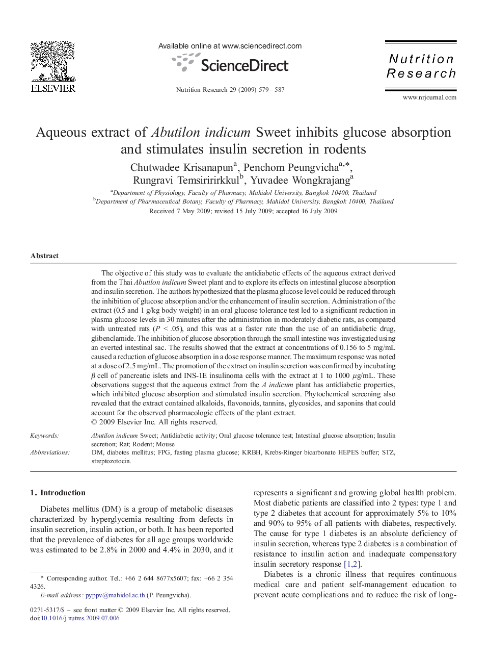 Aqueous extract of Abutilon indicum Sweet inhibits glucose absorption and stimulates insulin secretion in rodents