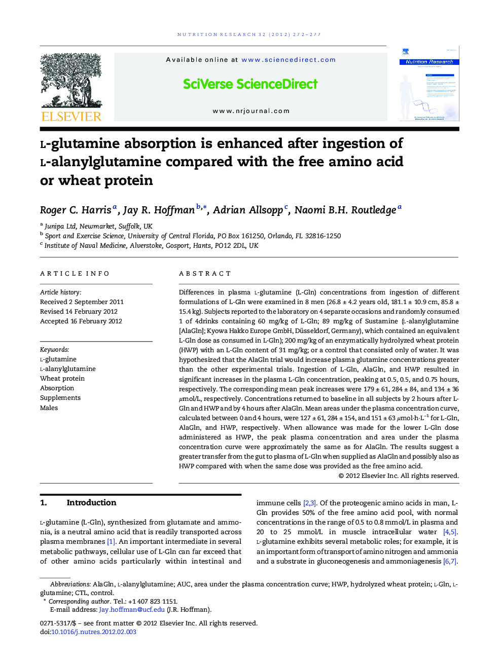 l-glutamine absorption is enhanced after ingestion of l-alanylglutamine compared with the free amino acid or wheat protein