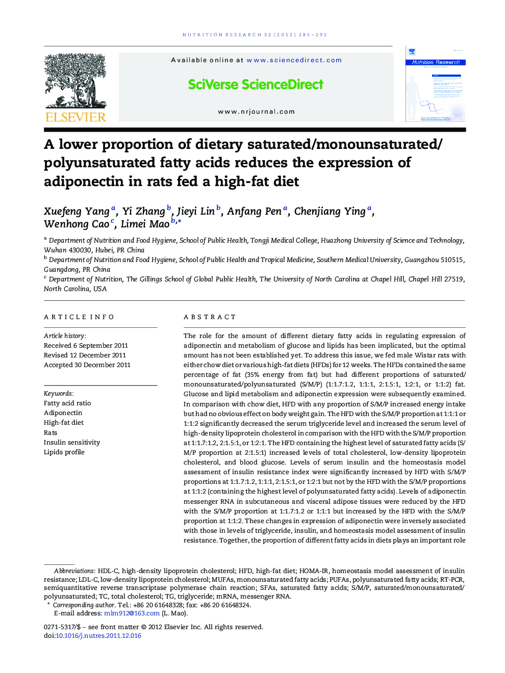 A lower proportion of dietary saturated/monounsaturated/polyunsaturated fatty acids reduces the expression of adiponectin in rats fed a high-fat diet