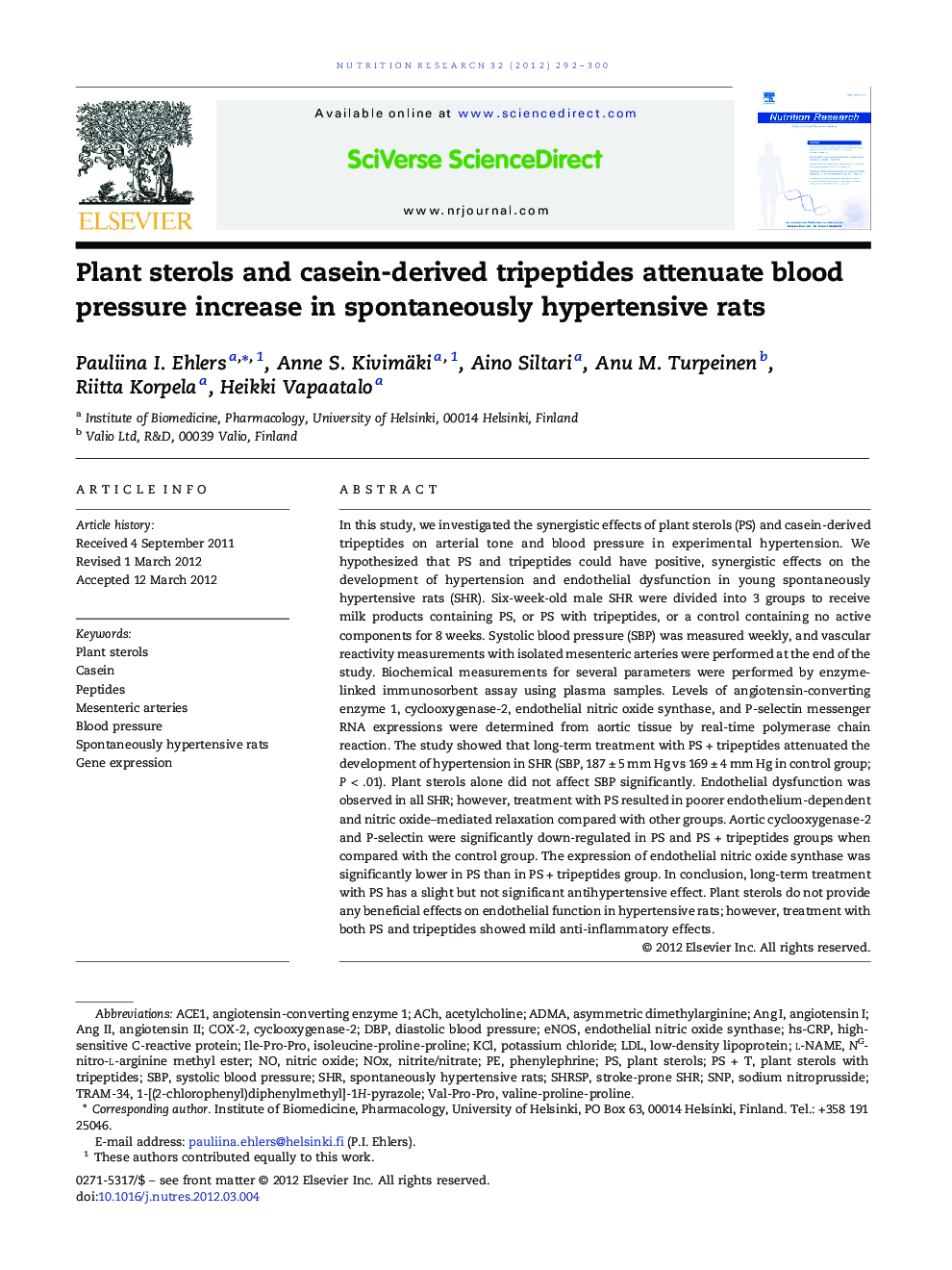 Plant sterols and casein-derived tripeptides attenuate blood pressure increase in spontaneously hypertensive rats