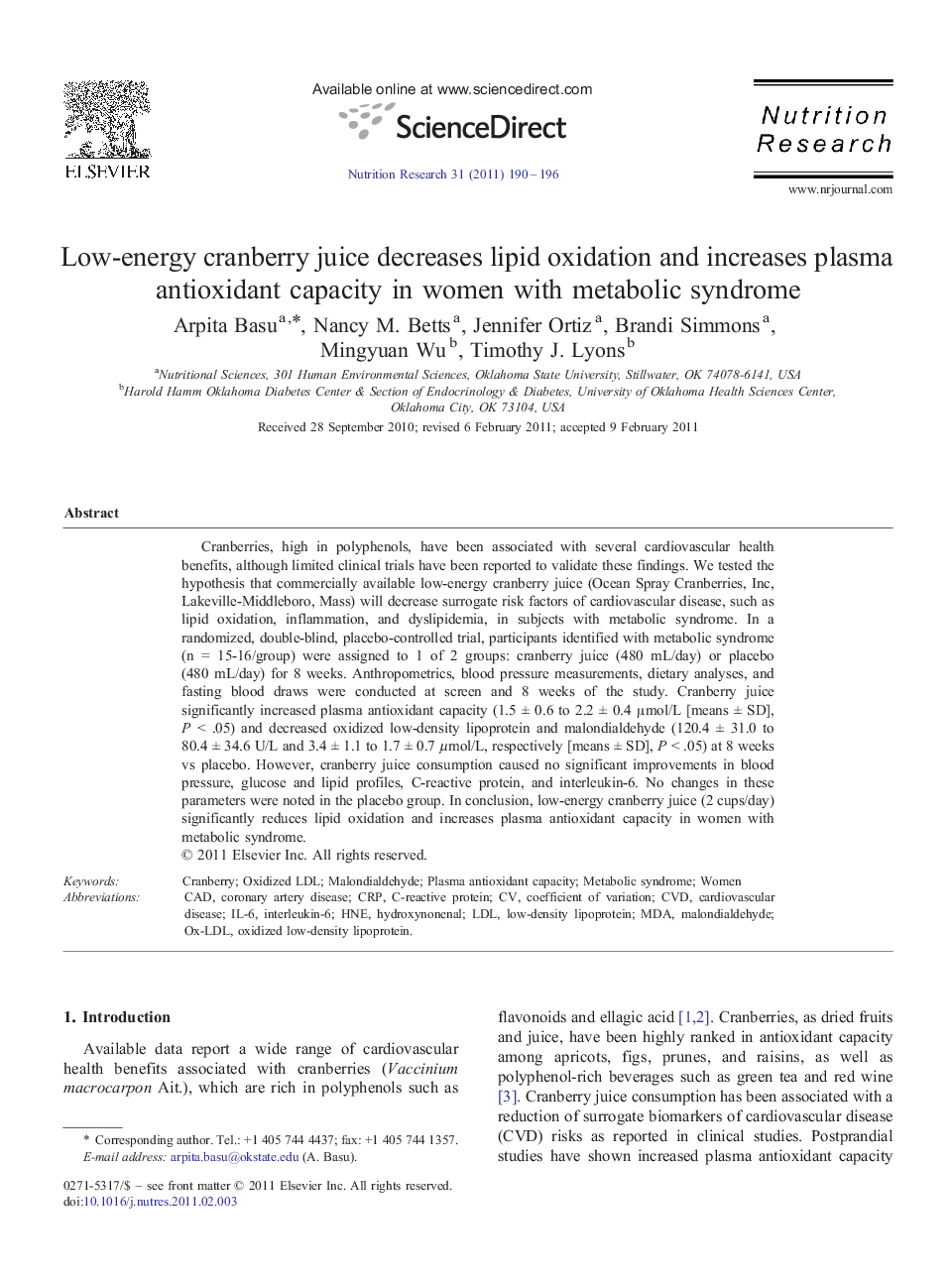 Low-energy cranberry juice decreases lipid oxidation and increases plasma antioxidant capacity in women with metabolic syndrome