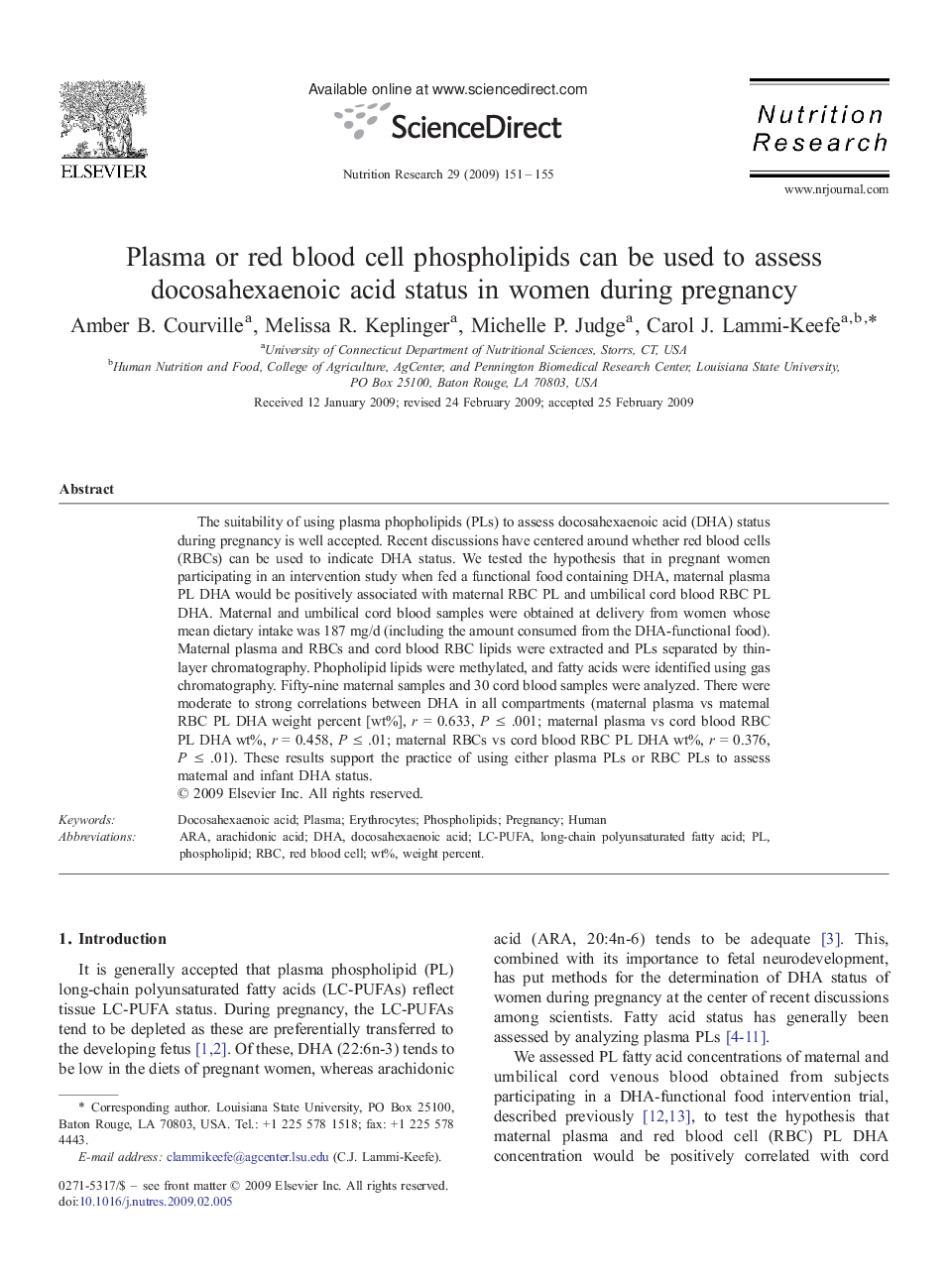 Plasma or red blood cell phospholipids can be used to assess docosahexaenoic acid status in women during pregnancy