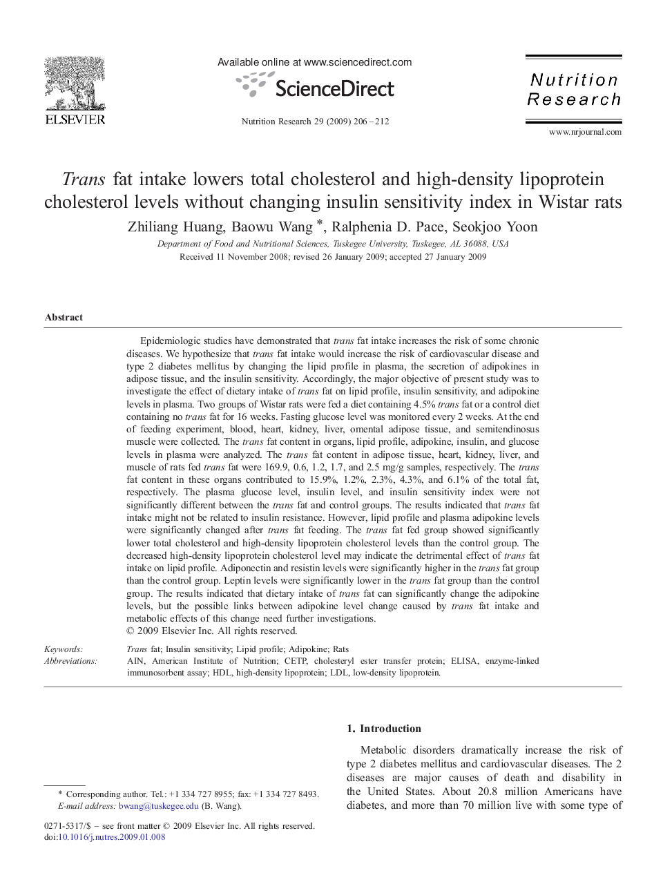 Trans fat intake lowers total cholesterol and high-density lipoprotein cholesterol levels without changing insulin sensitivity index in Wistar rats