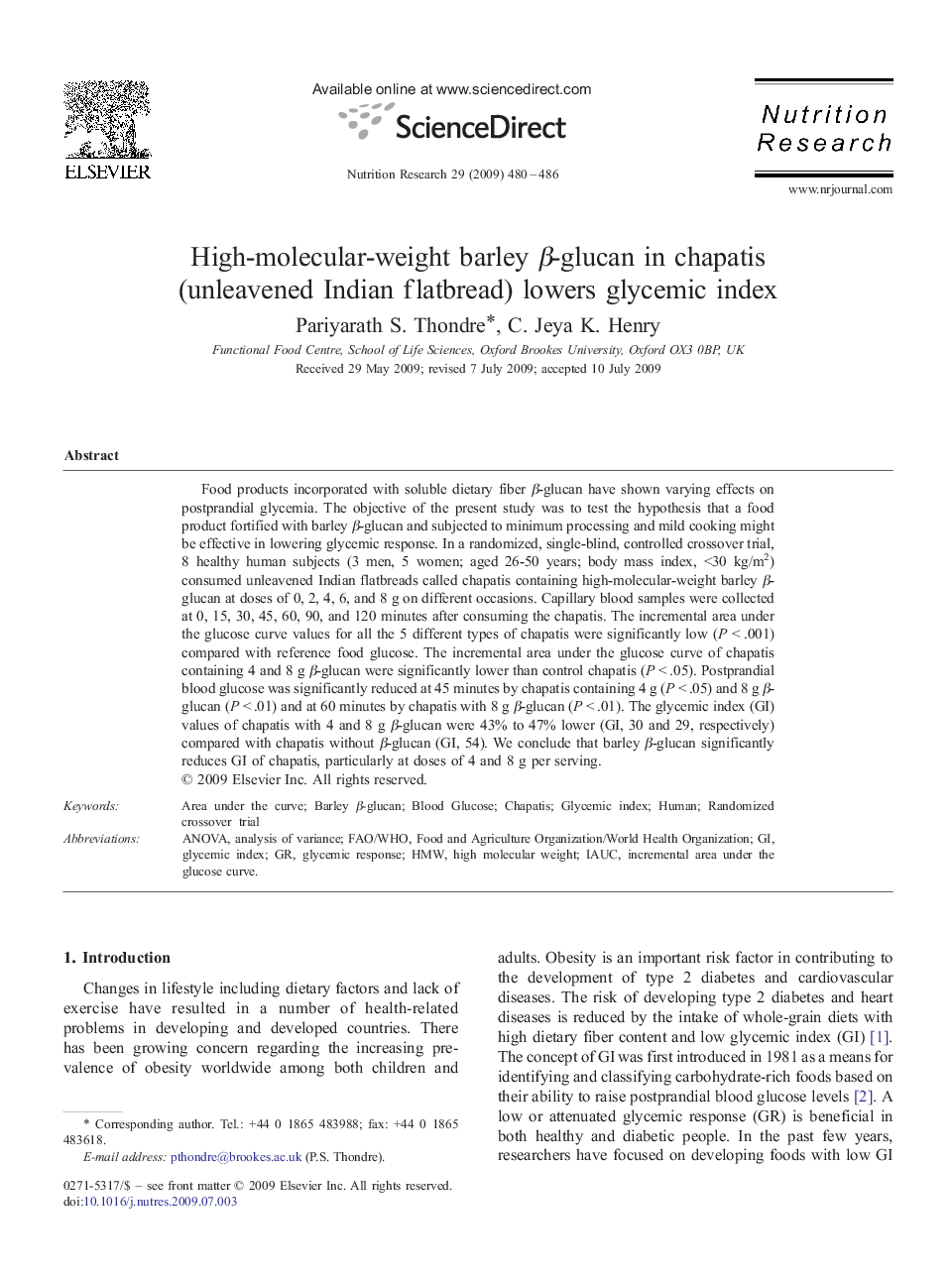 High-molecular-weight barley β-glucan in chapatis (unleavened Indian flatbread) lowers glycemic index