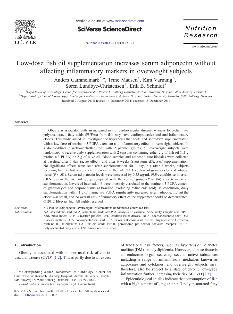 Low-dose fish oil supplementation increases serum adiponectin without affecting inflammatory markers in overweight subjects