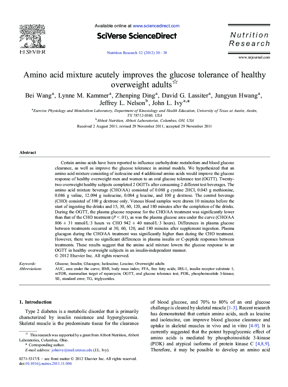 Amino acid mixture acutely improves the glucose tolerance of healthy overweight adults 