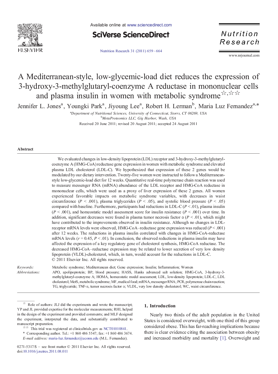 A Mediterranean-style, low-glycemic-load diet reduces the expression of 3-hydroxy-3-methylglutaryl-coenzyme A reductase in mononuclear cells and plasma insulin in women with metabolic syndrome 