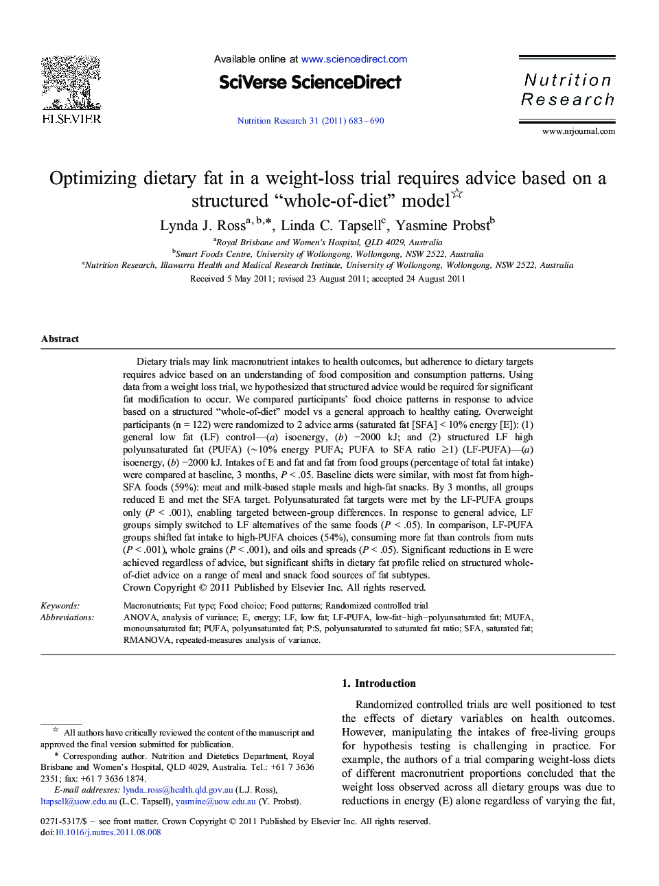 Optimizing dietary fat in a weight-loss trial requires advice based on a structured “whole-of-diet” model 