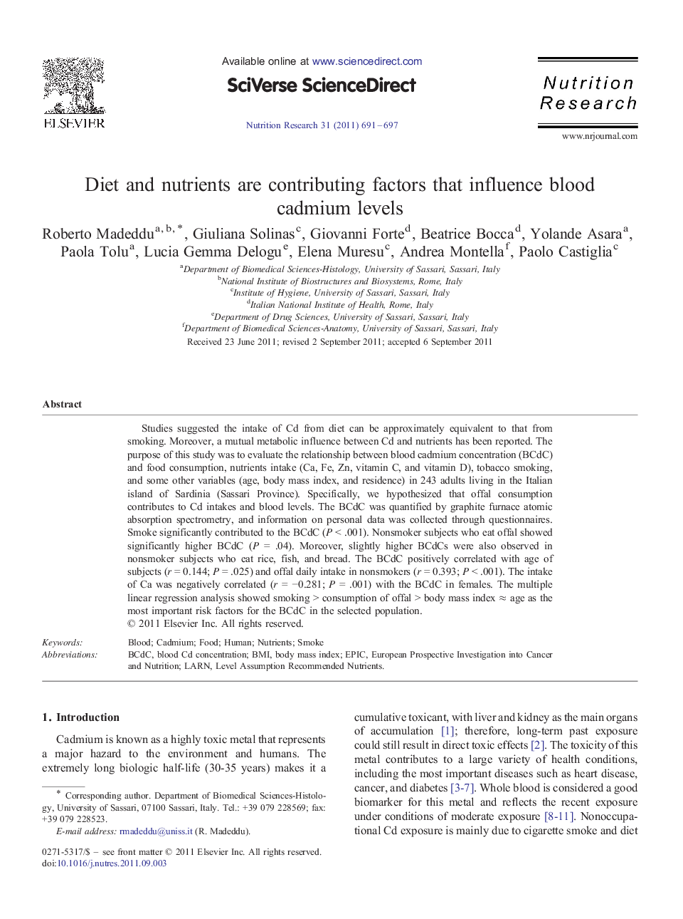 Diet and nutrients are contributing factors that influence blood cadmium levels