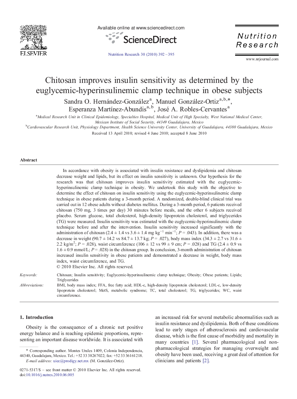 Chitosan improves insulin sensitivity as determined by the euglycemic-hyperinsulinemic clamp technique in obese subjects