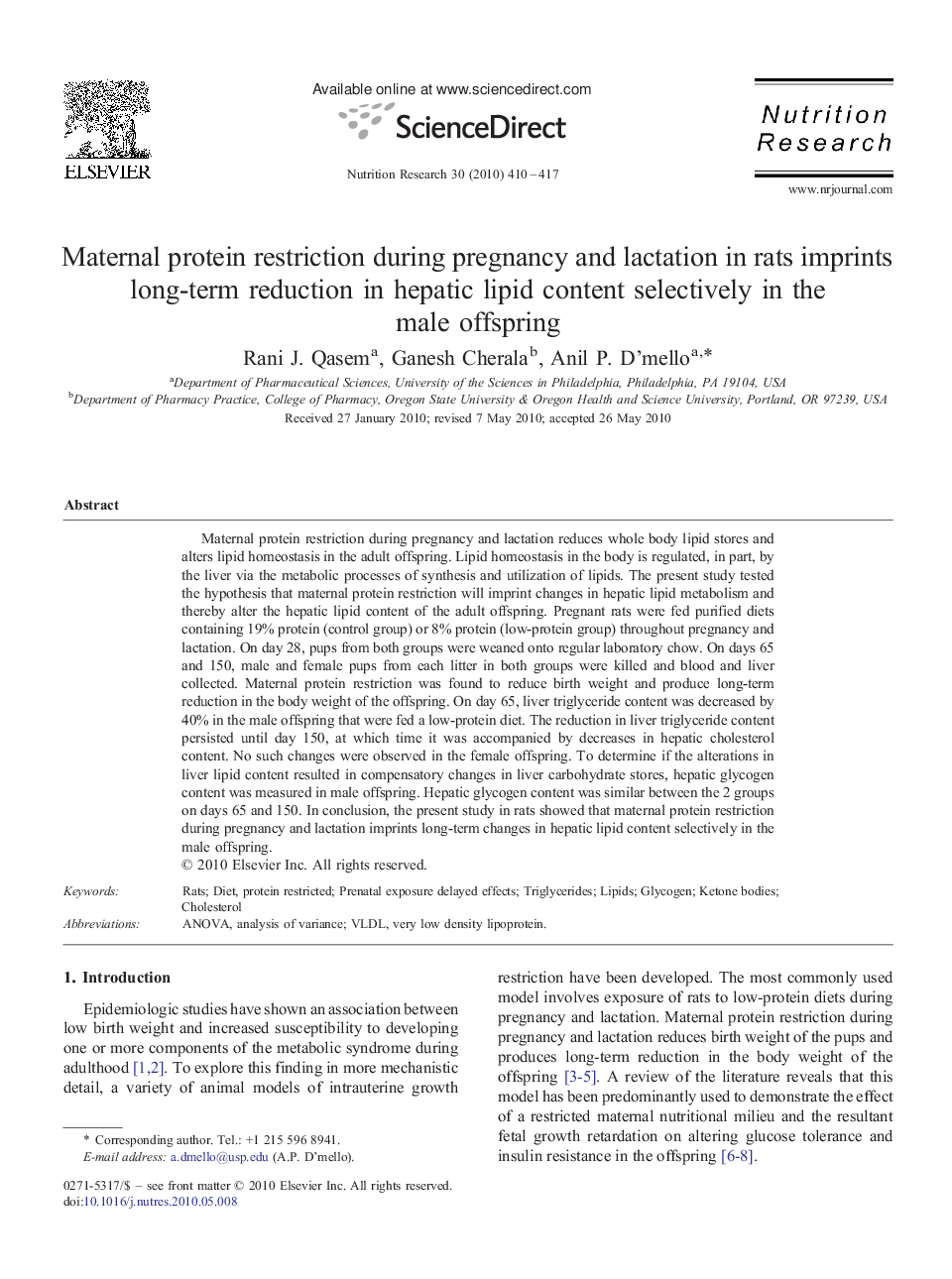 Maternal protein restriction during pregnancy and lactation in rats imprints long-term reduction in hepatic lipid content selectively in the male offspring