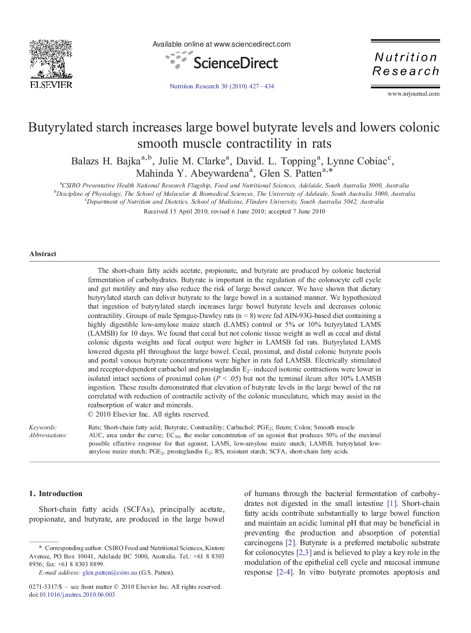 Butyrylated starch increases large bowel butyrate levels and lowers colonic smooth muscle contractility in rats