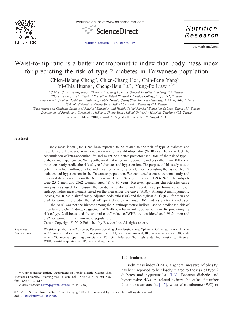 Waist-to-hip ratio is a better anthropometric index than body mass index for predicting the risk of type 2 diabetes in Taiwanese population