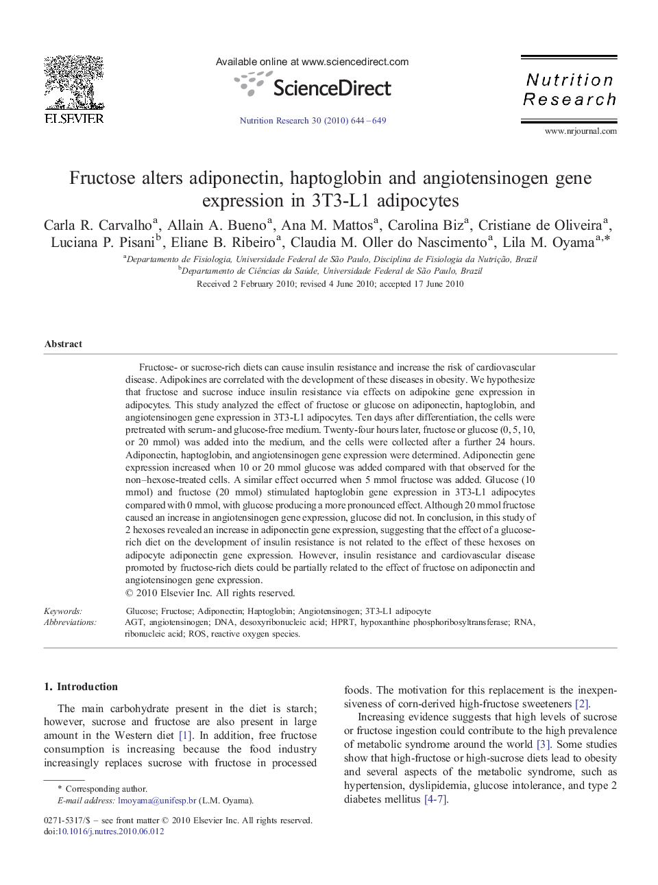 Fructose alters adiponectin, haptoglobin and angiotensinogen gene expression in 3T3-L1 adipocytes