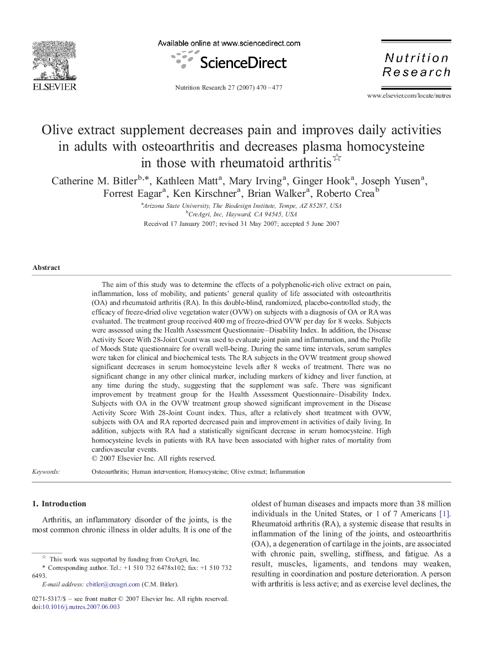 Olive extract supplement decreases pain and improves daily activities in adults with osteoarthritis and decreases plasma homocysteine in those with rheumatoid arthritis 