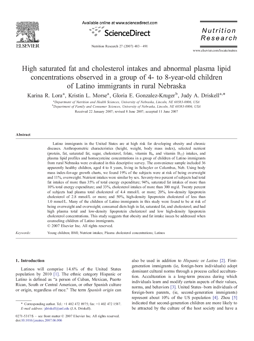 High saturated fat and cholesterol intakes and abnormal plasma lipid concentrations observed in a group of 4- to 8-year-old children of Latino immigrants in rural Nebraska