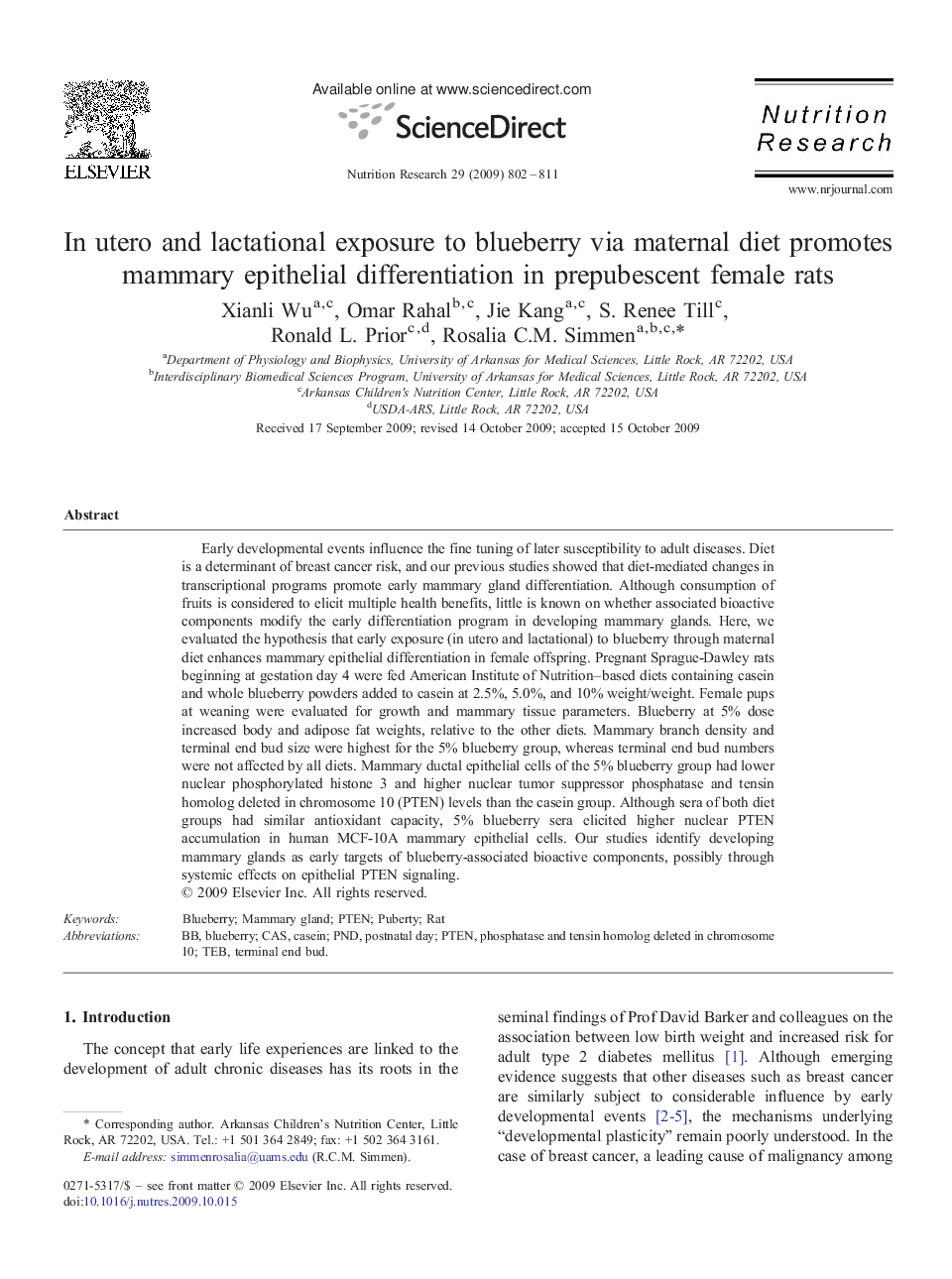 In utero and lactational exposure to blueberry via maternal diet promotes mammary epithelial differentiation in prepubescent female rats