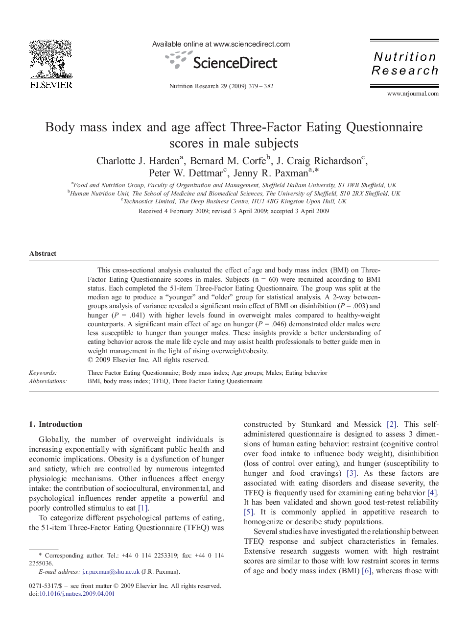 Body mass index and age affect Three-Factor Eating Questionnaire scores in male subjects