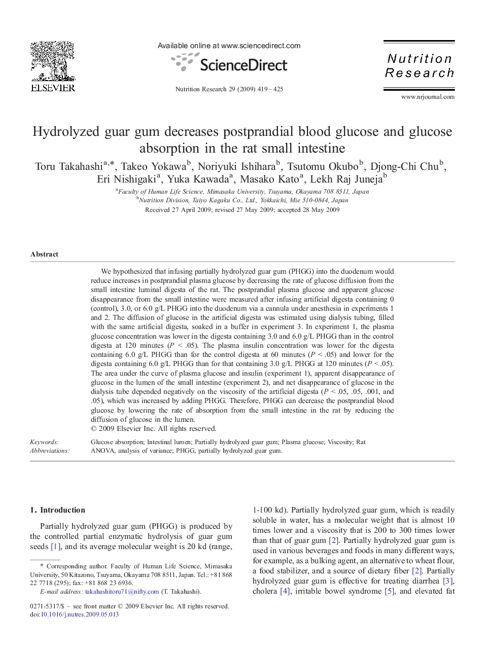 Hydrolyzed guar gum decreases postprandial blood glucose and glucose absorption in the rat small intestine