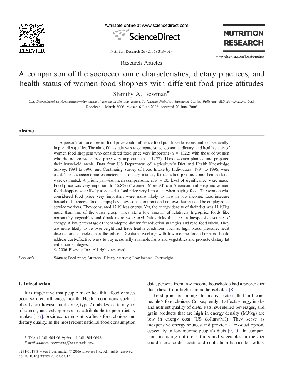 A comparison of the socioeconomic characteristics, dietary practices, and health status of women food shoppers with different food price attitudes