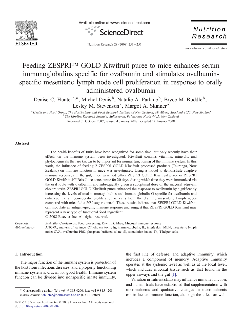 Feeding ZESPRI™ GOLD Kiwifruit puree to mice enhances serum immunoglobulins specific for ovalbumin and stimulates ovalbumin-specific mesenteric lymph node cell proliferation in response to orally administered ovalbumin