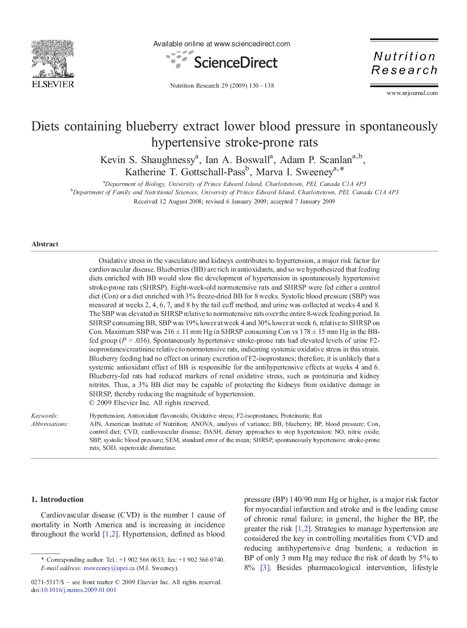 Diets containing blueberry extract lower blood pressure in spontaneously hypertensive stroke-prone rats