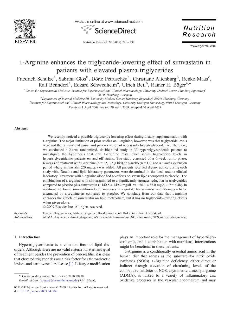 l-Arginine enhances the triglyceride-lowering effect of simvastatin in patients with elevated plasma triglycerides