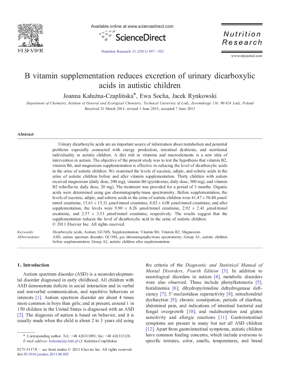 B vitamin supplementation reduces excretion of urinary dicarboxylic acids in autistic children