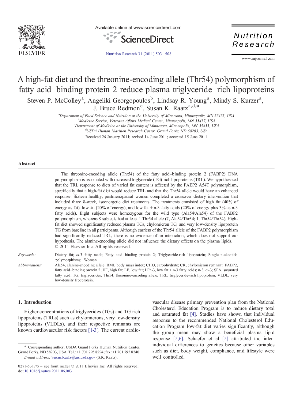 A high-fat diet and the threonine-encoding allele (Thr54) polymorphism of fatty acid–binding protein 2 reduce plasma triglyceride–rich lipoproteins