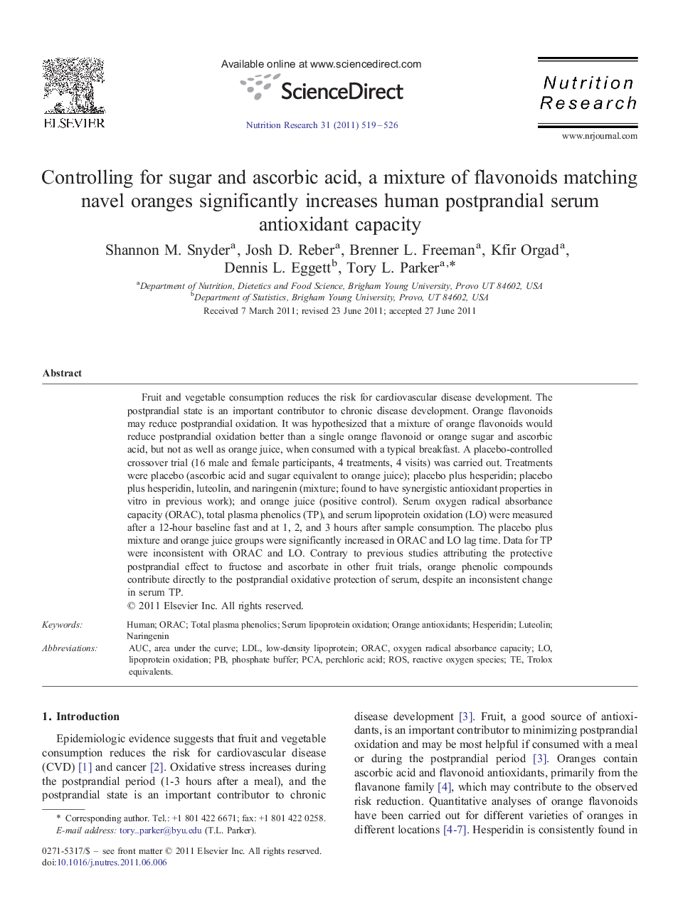 Controlling for sugar and ascorbic acid, a mixture of flavonoids matching navel oranges significantly increases human postprandial serum antioxidant capacity