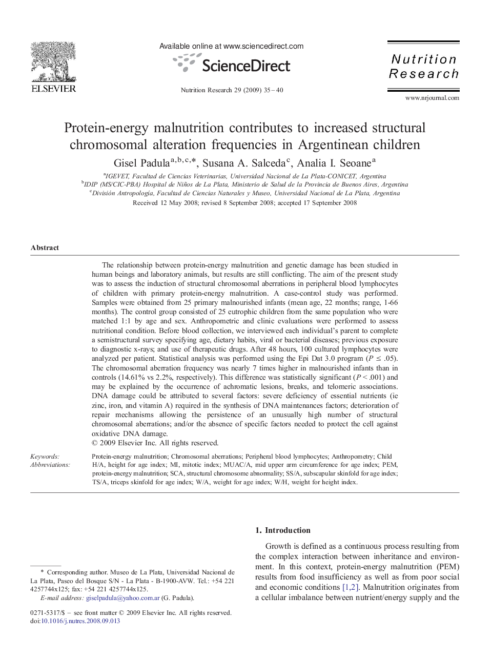 Protein-energy malnutrition contributes to increased structural chromosomal alteration frequencies in Argentinean children