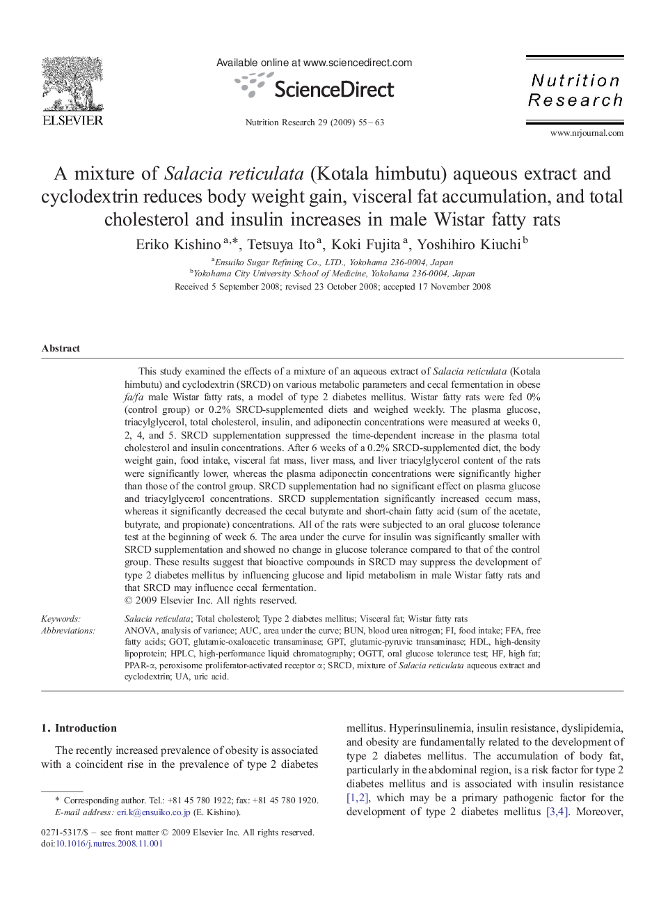 A mixture of Salacia reticulata (Kotala himbutu) aqueous extract and cyclodextrin reduces body weight gain, visceral fat accumulation, and total cholesterol and insulin increases in male Wistar fatty rats