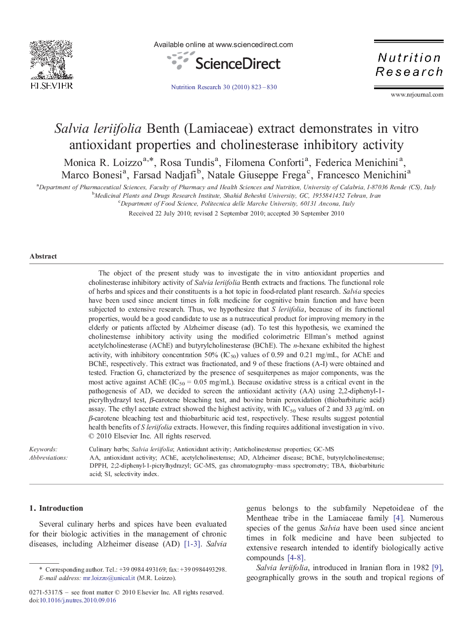 Salvia leriifolia Benth (Lamiaceae) extract demonstrates in vitro antioxidant properties and cholinesterase inhibitory activity