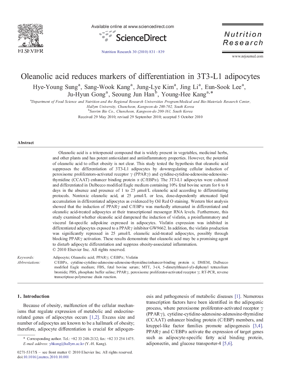 Oleanolic acid reduces markers of differentiation in 3T3-L1 adipocytes