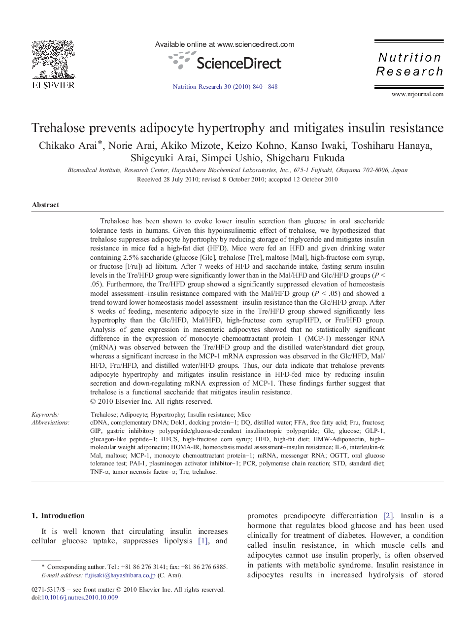 Trehalose prevents adipocyte hypertrophy and mitigates insulin resistance