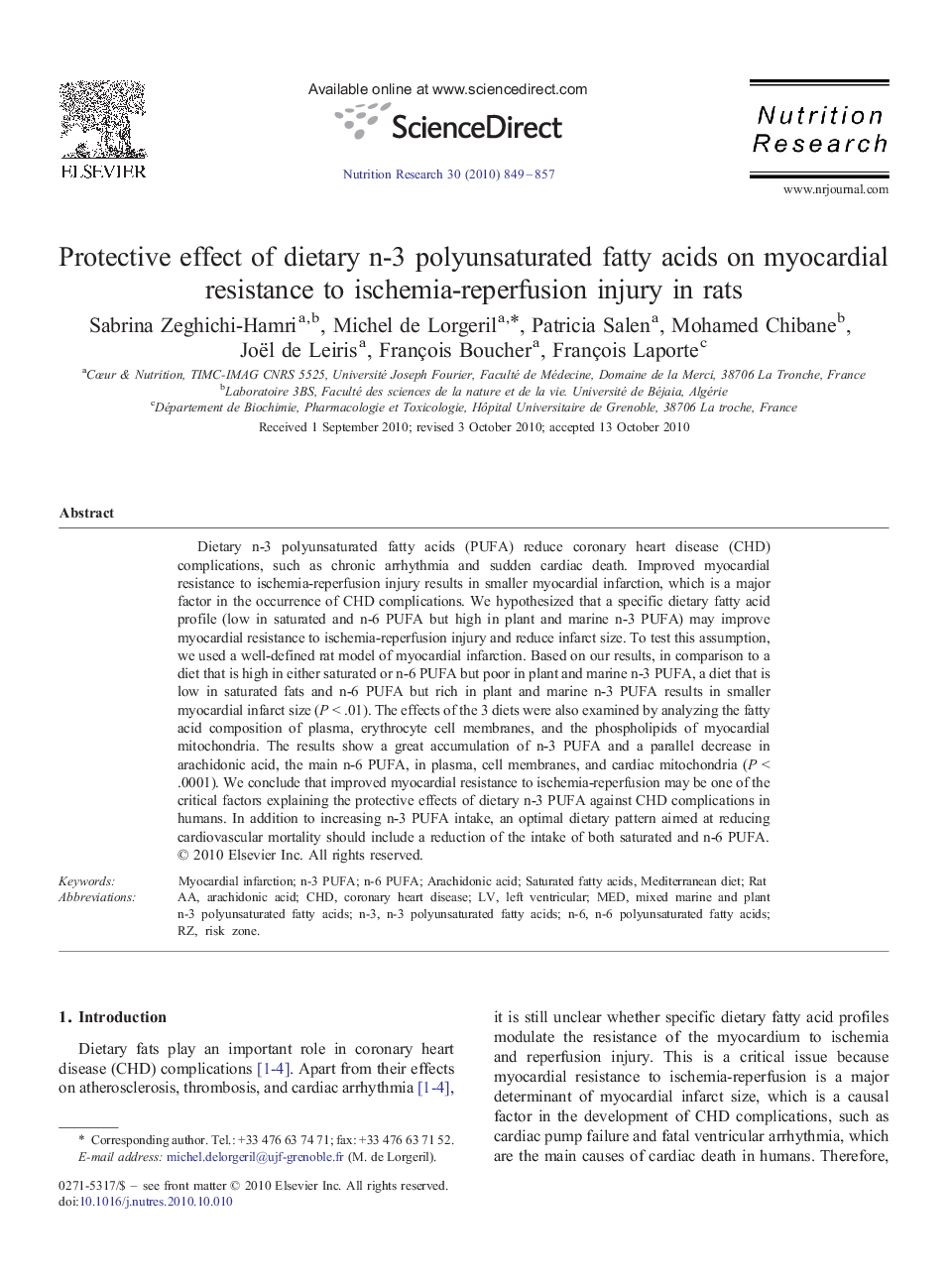 Protective effect of dietary n-3 polyunsaturated fatty acids on myocardial resistance to ischemia-reperfusion injury in rats