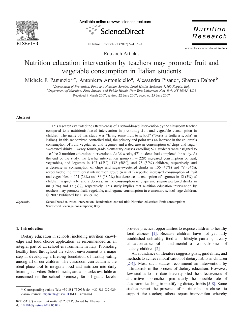 Nutrition education intervention by teachers may promote fruit and vegetable consumption in Italian students