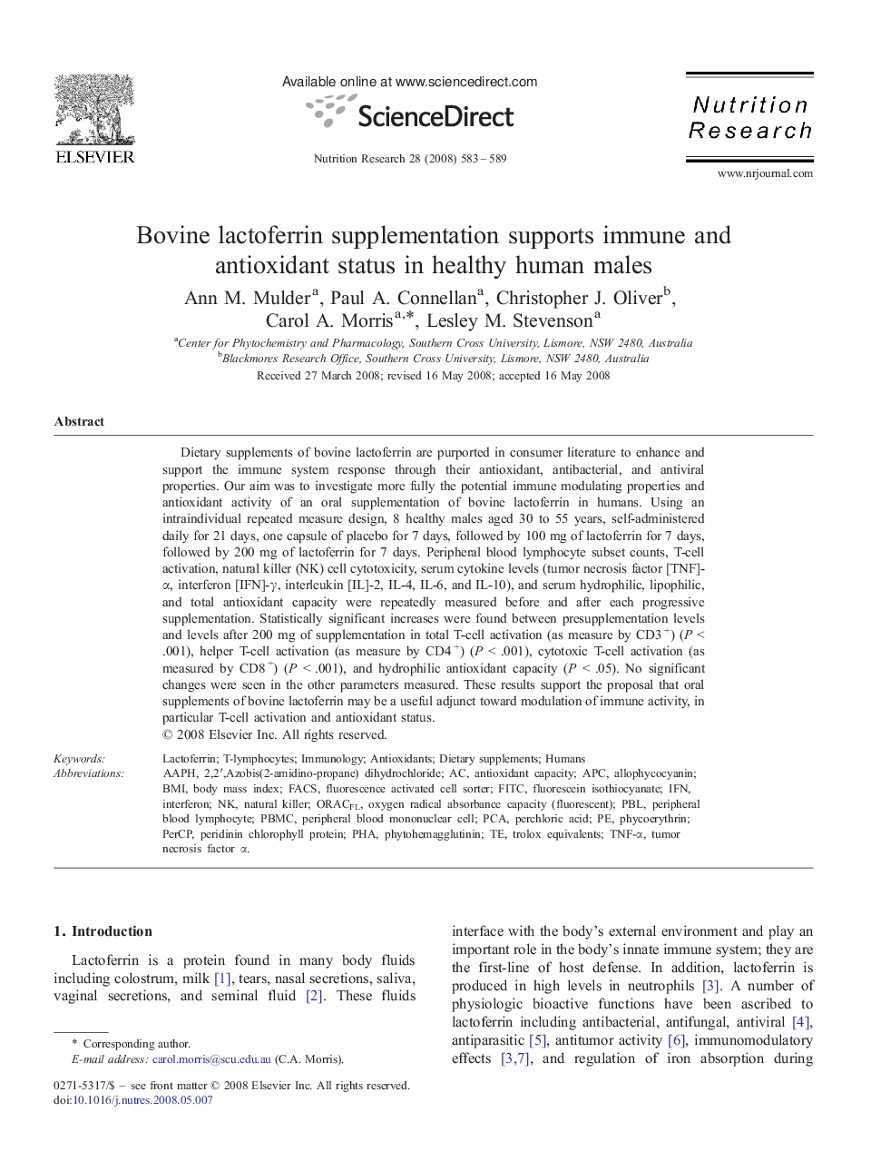 Bovine lactoferrin supplementation supports immune and antioxidant status in healthy human males