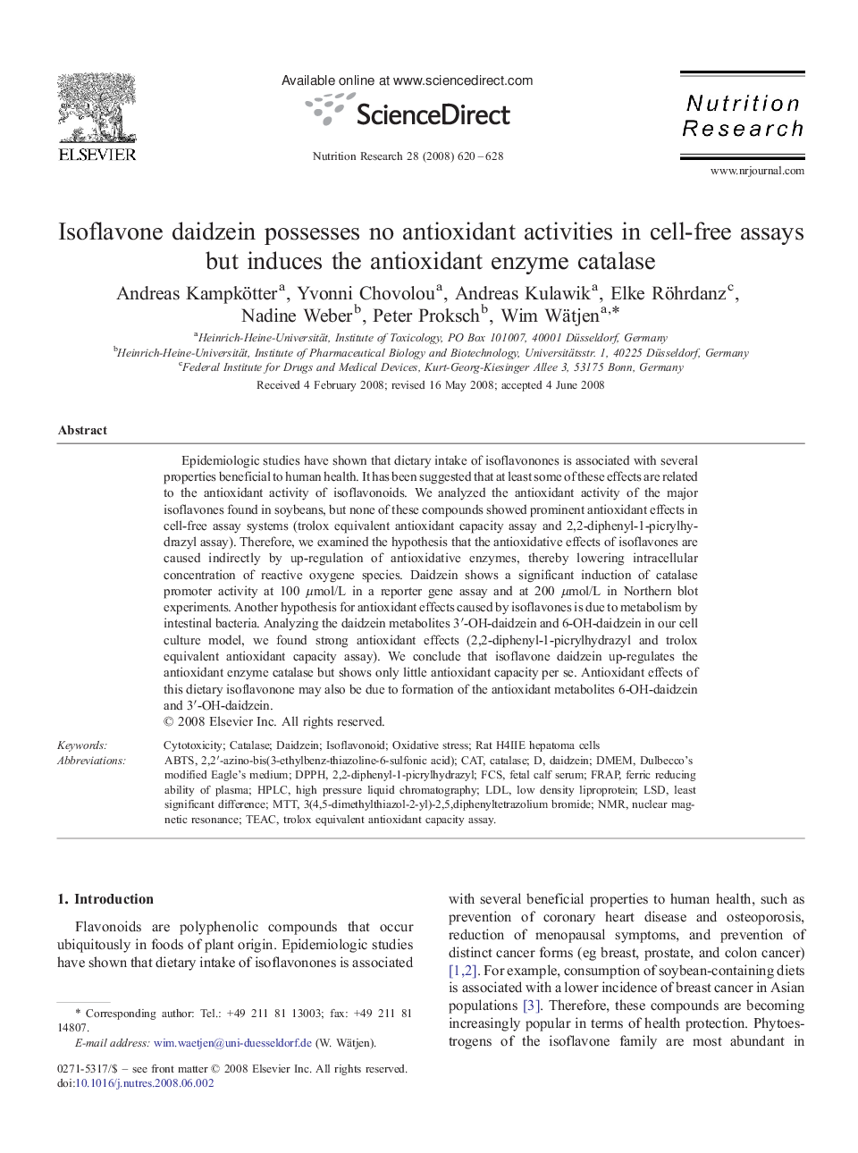 Isoflavone daidzein possesses no antioxidant activities in cell-free assays but induces the antioxidant enzyme catalase