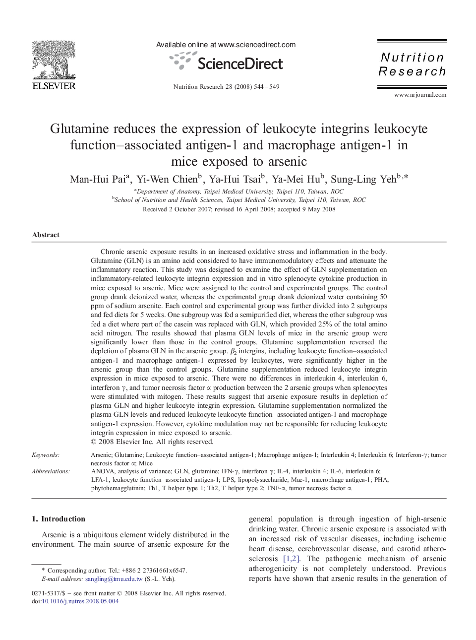 Glutamine reduces the expression of leukocyte integrins leukocyte function–associated antigen-1 and macrophage antigen-1 in mice exposed to arsenic