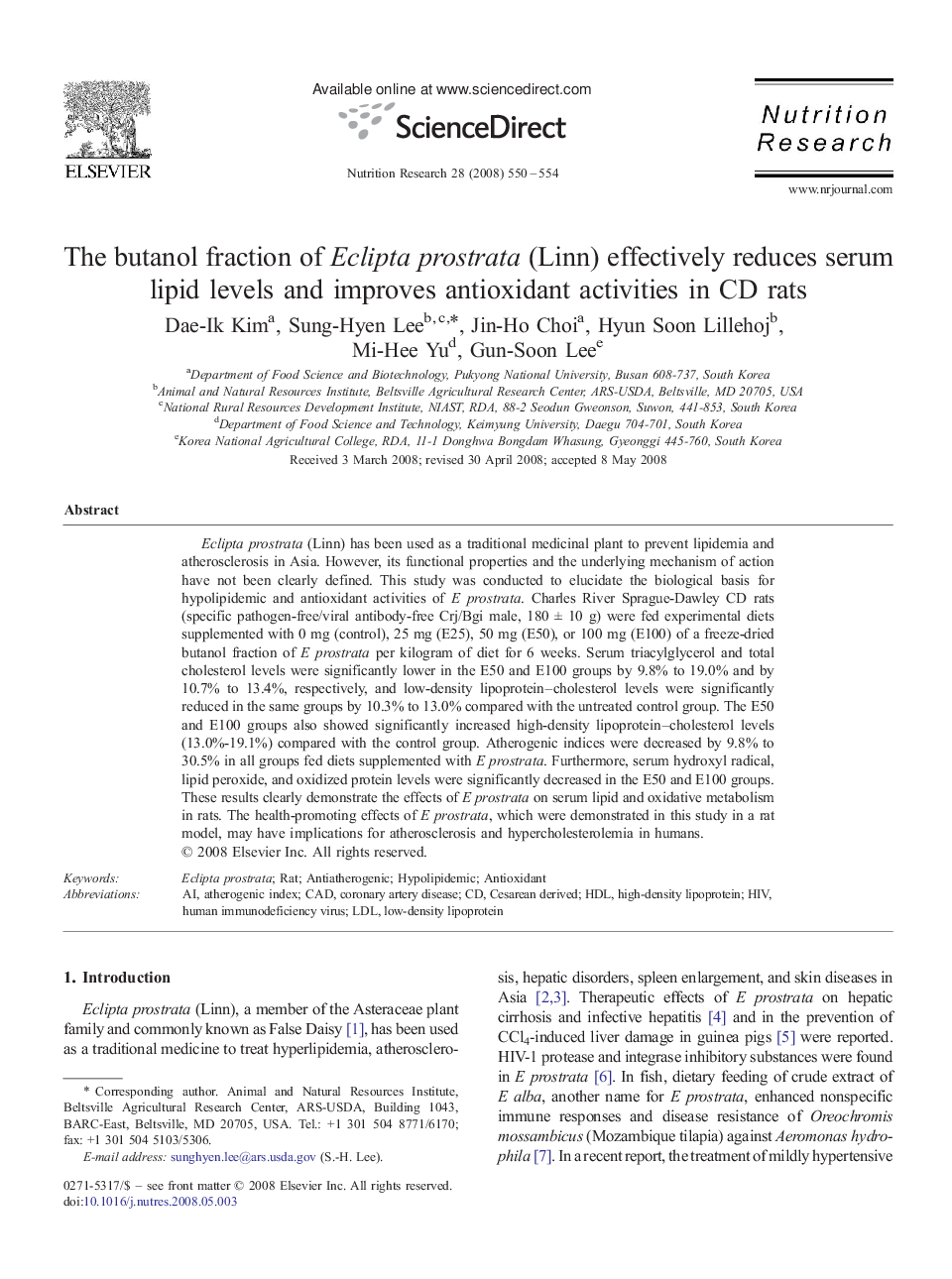 The butanol fraction of Eclipta prostrata (Linn) effectively reduces serum lipid levels and improves antioxidant activities in CD rats