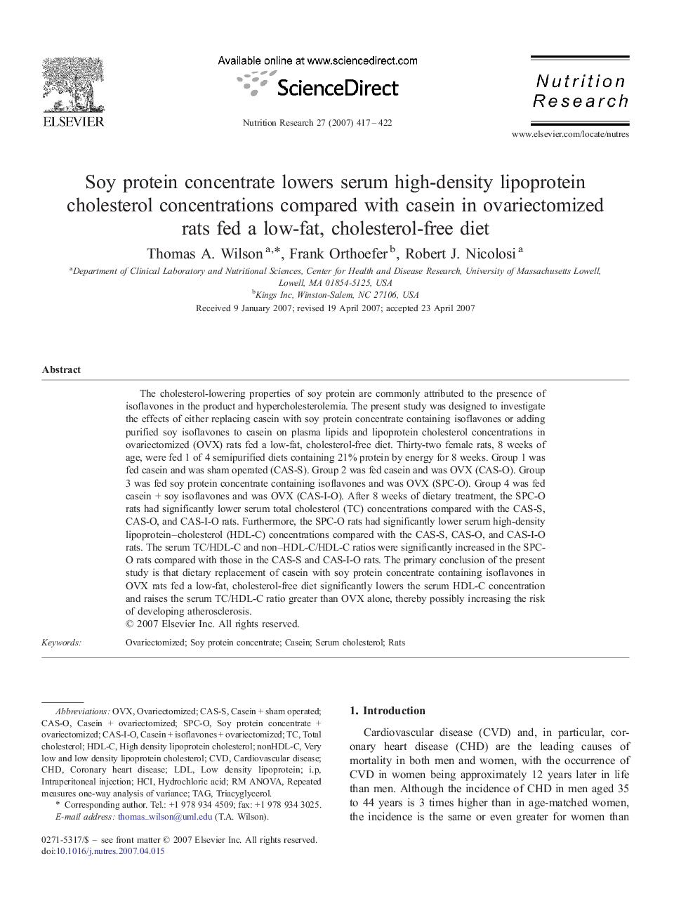 Soy protein concentrate lowers serum high-density lipoprotein cholesterol concentrations compared with casein in ovariectomized rats fed a low-fat, cholesterol-free diet