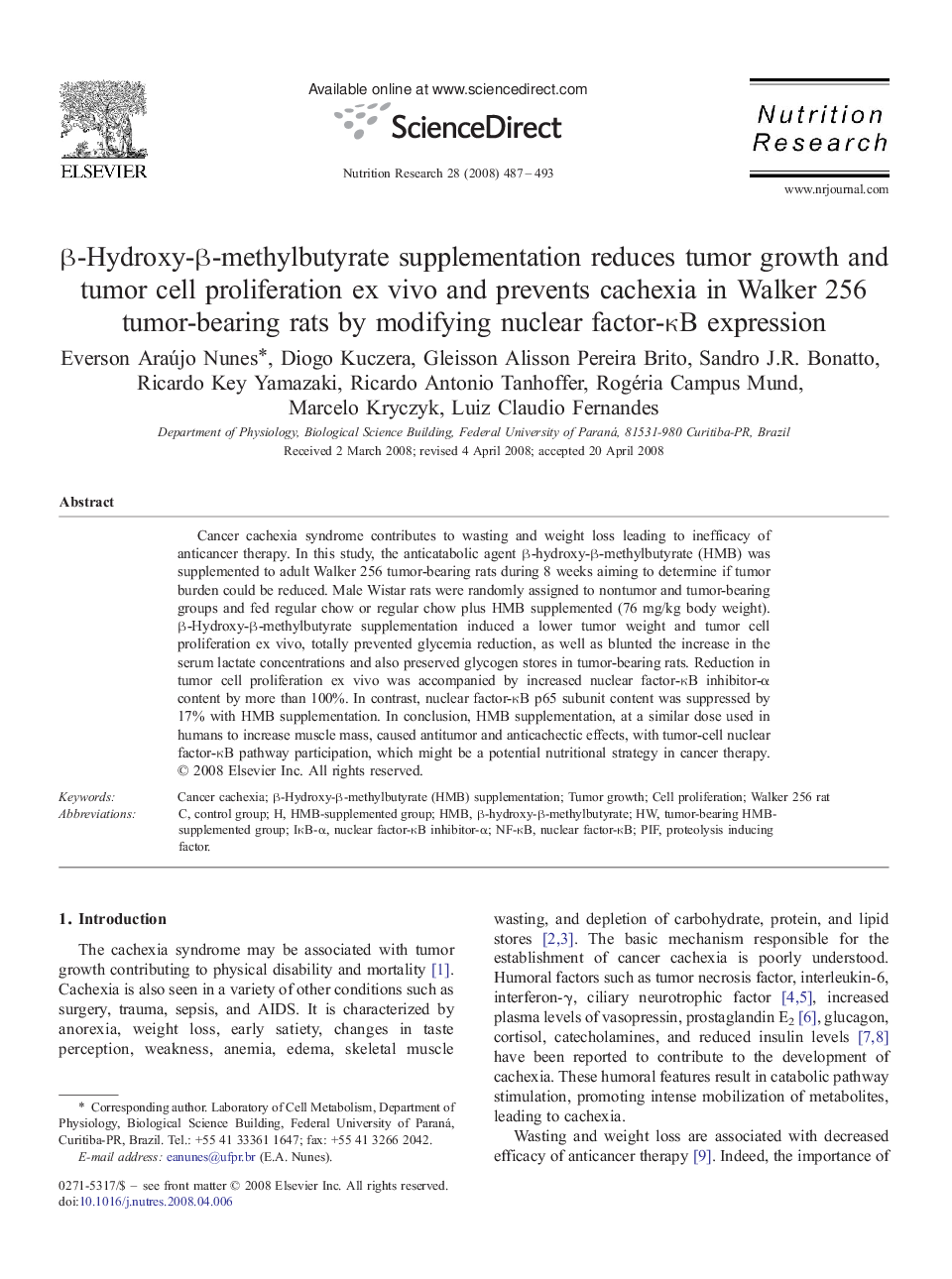 β-Hydroxy-β-methylbutyrate supplementation reduces tumor growth and tumor cell proliferation ex vivo and prevents cachexia in Walker 256 tumor-bearing rats by modifying nuclear factor-κB expression