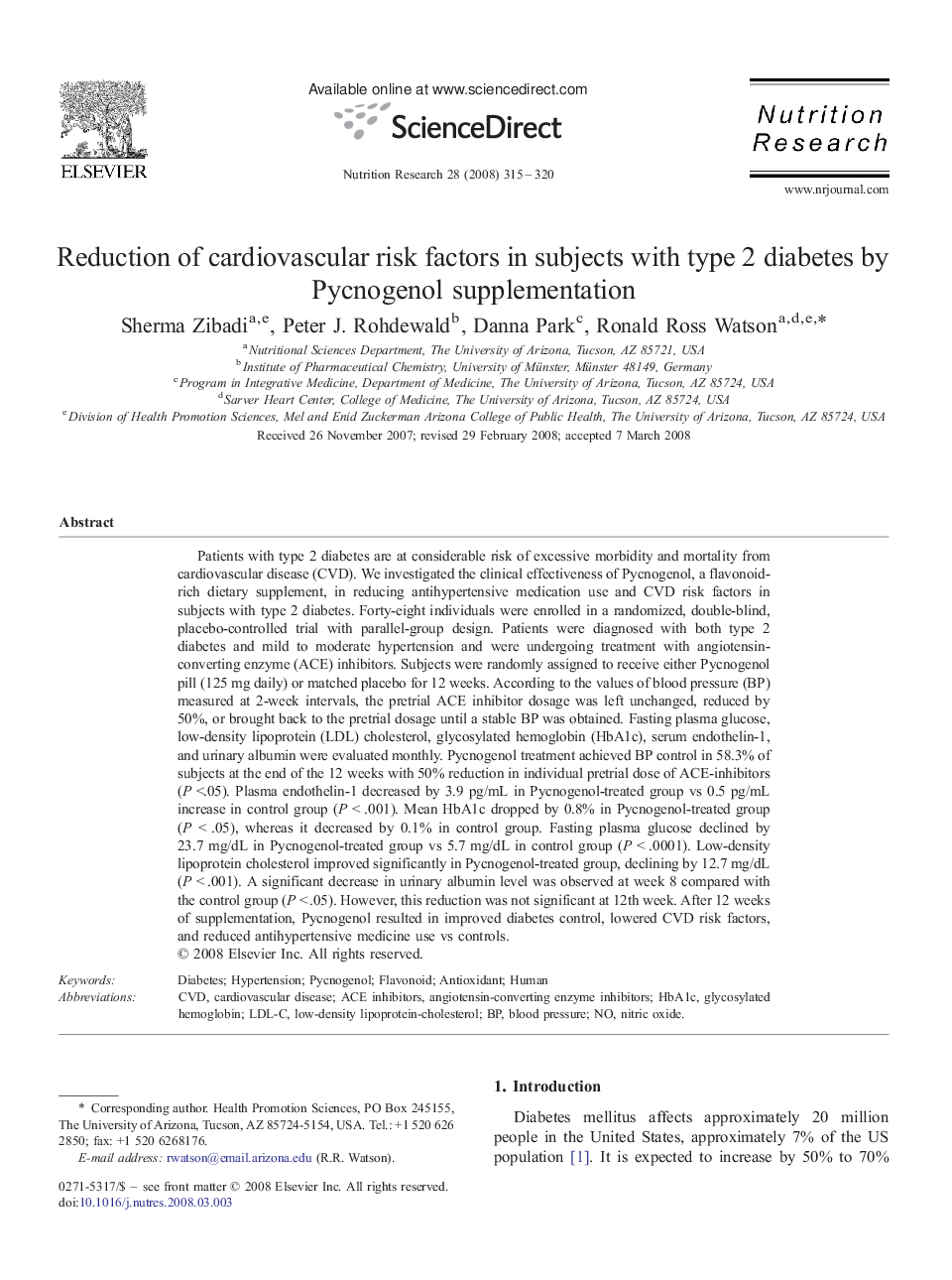 Reduction of cardiovascular risk factors in subjects with type 2 diabetes by Pycnogenol supplementation