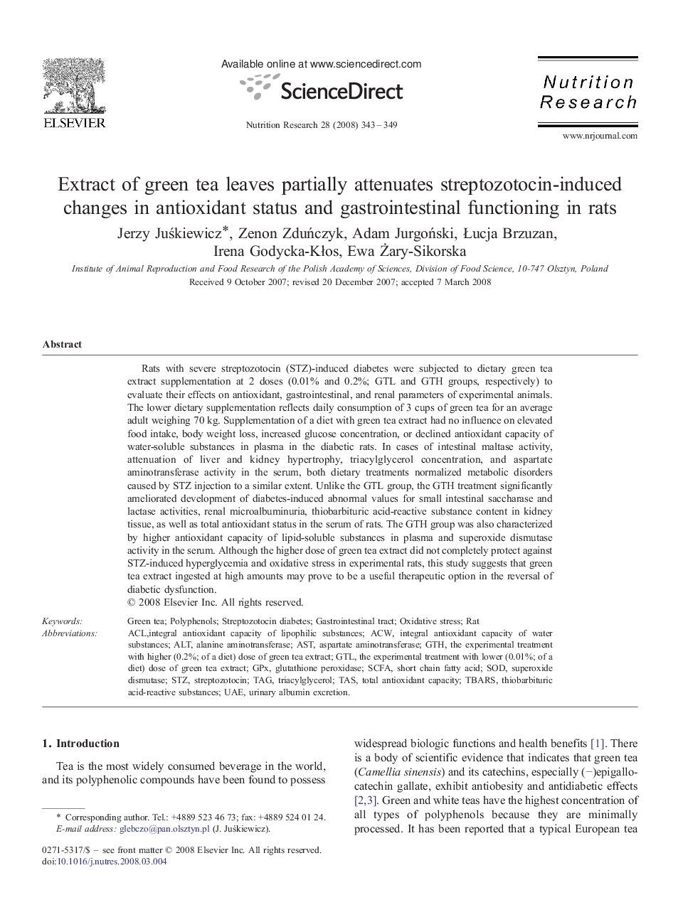 Extract of green tea leaves partially attenuates streptozotocin-induced changes in antioxidant status and gastrointestinal functioning in rats