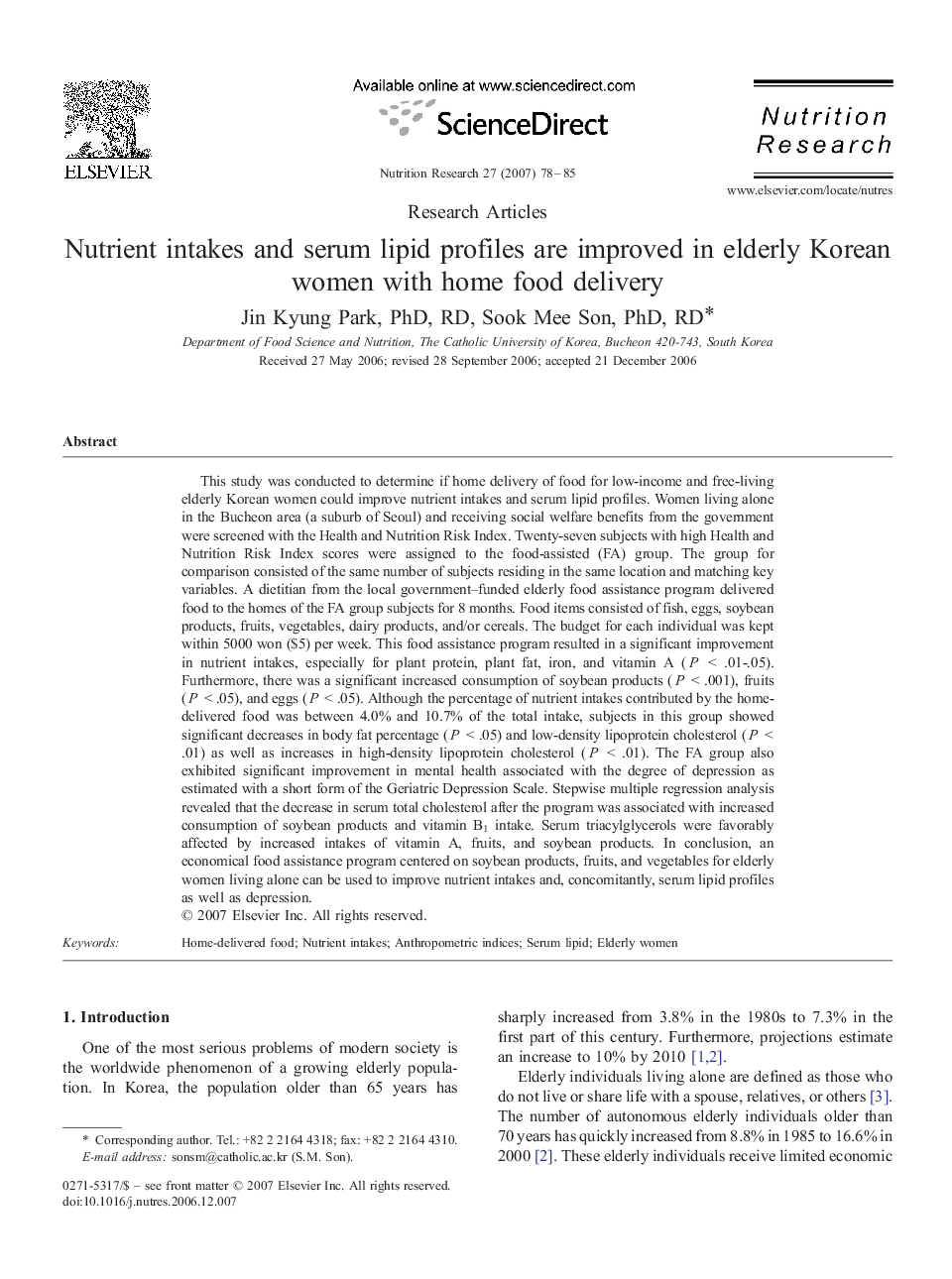 Nutrient intakes and serum lipid profiles are improved in elderly Korean women with home food delivery