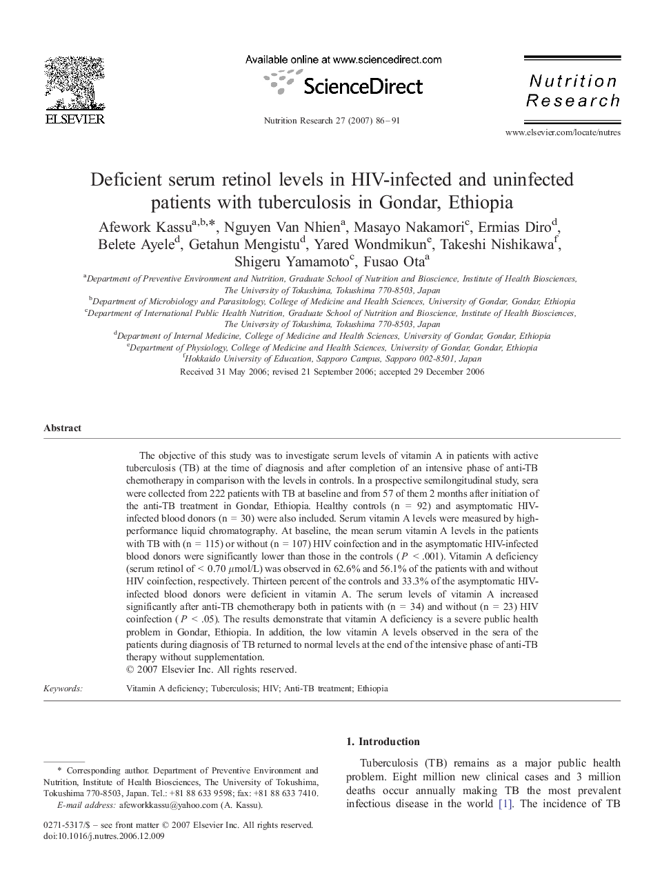 Deficient serum retinol levels in HIV-infected and uninfected patients with tuberculosis in Gondar, Ethiopia